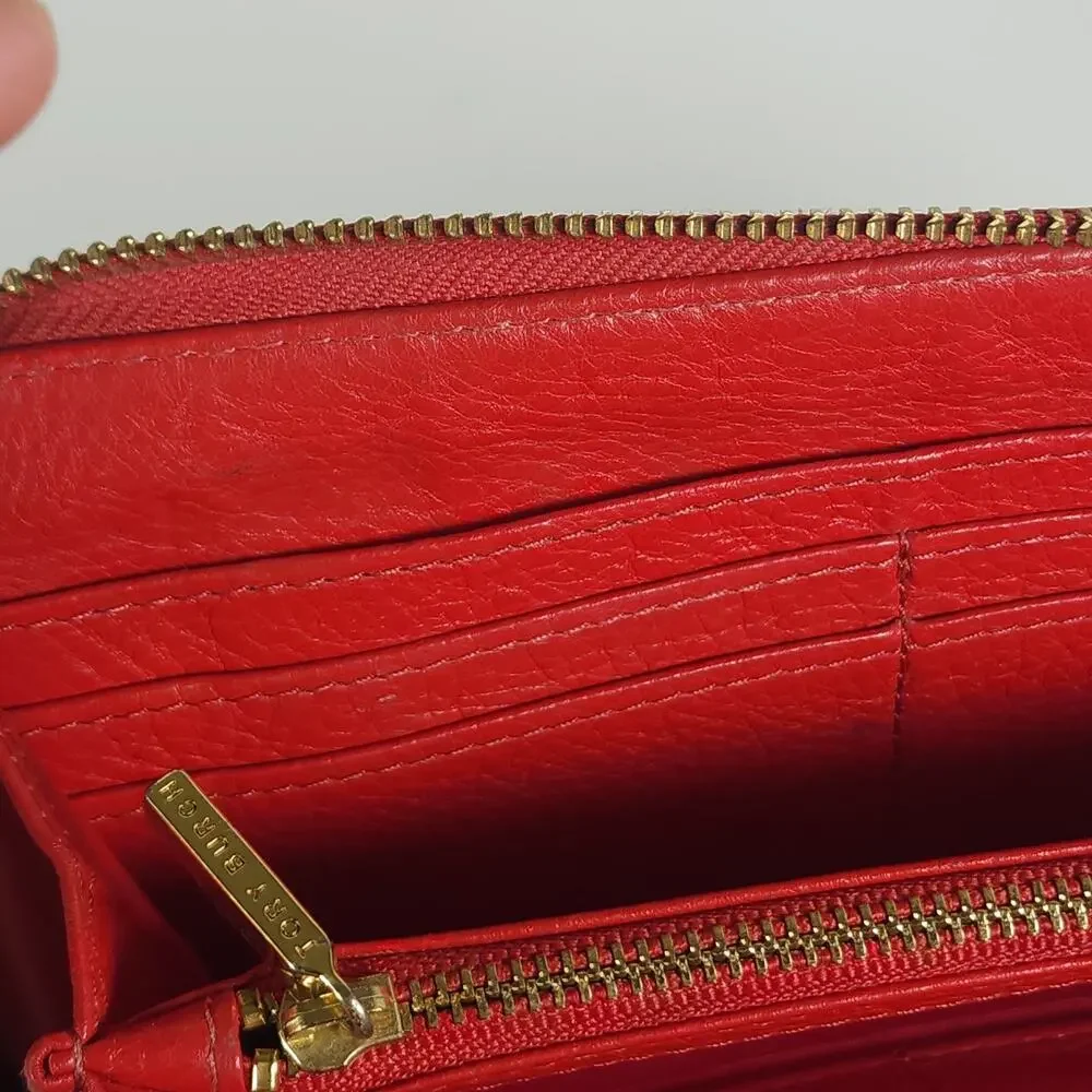 Tory Burch Amanda Red Pebbled Leather Gold Logo Zip Continental Wallet